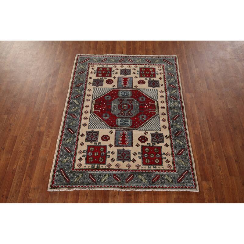 Kazak Oriental Area Rug Hand-Knotted Traditional Beige Wool Carpet - 4'2" x 5'7"