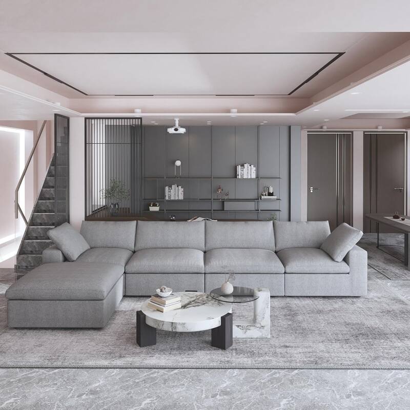 160.6" Modern Linen Sectional Sofa，4-seater Modular Couch with Storage Ottoman for Living Room. - Grey