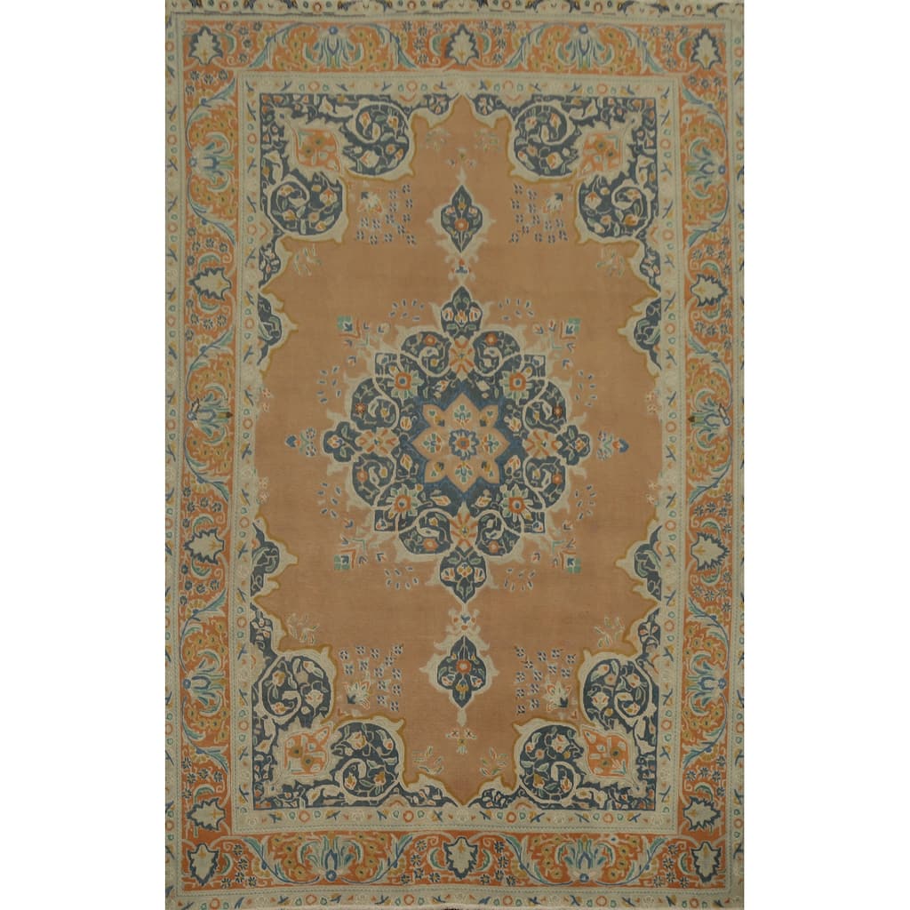 Hand Knotted Oriental 100% Wool Carpet Traditional Medallion Oranges & Rust Tabriz Area Rug - 10' 11'' X 7' 10''
