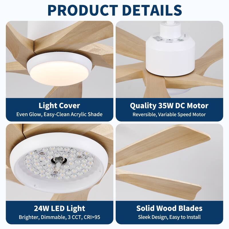 52 Inch Modern Farmhouse Solid Wood Ceiling Fan with Light, Quiet Reversible DC Motor, Remote, 6 Speeds