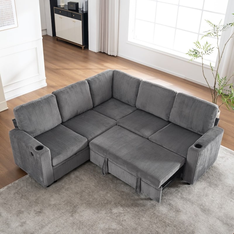 83.66" L-Shaped Sectional Sofa with Storage and Pull Out Bed - Grey