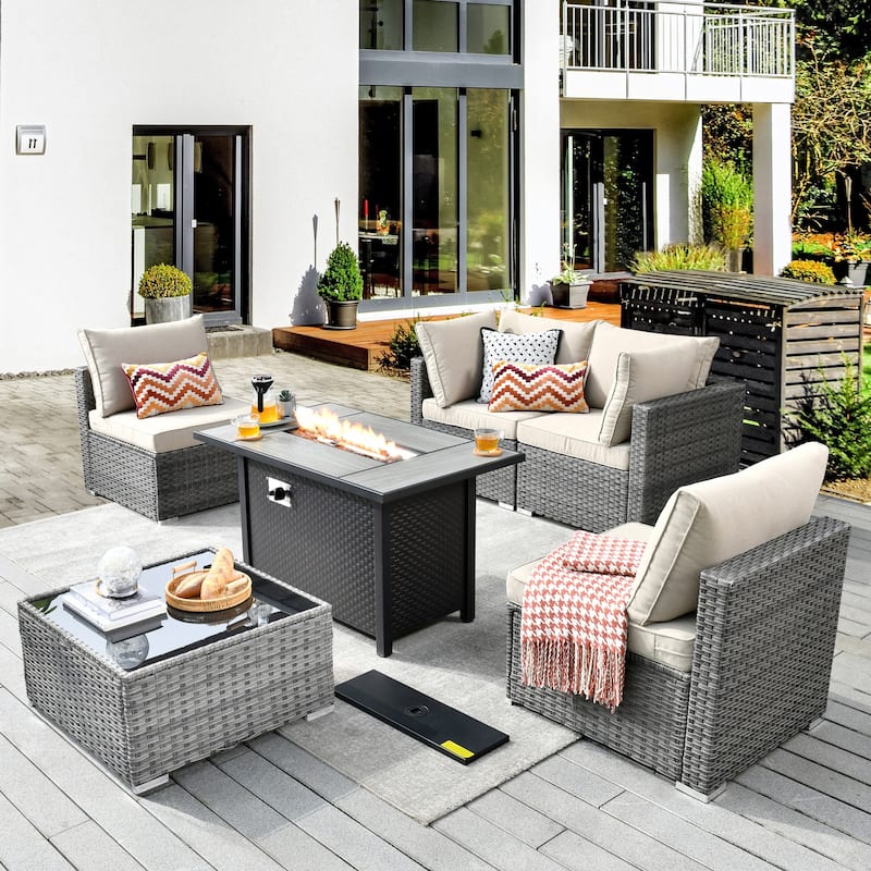 XIZZI 6-piece Patio Furniture Set Outdoor Sectional Rattan Sofa with Firepit - Beige