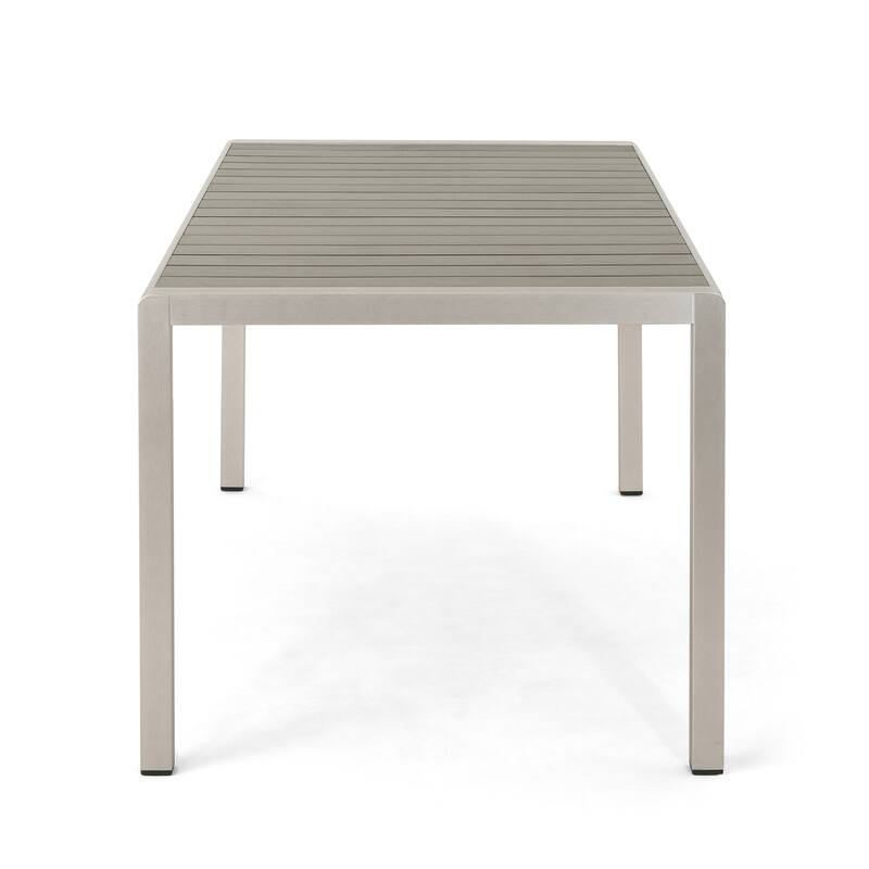 Outdoor Aluminum Furniture Set, Rectangular Table with Faux Wood Top, 6 Dining Chair with Rope, Patio Dining Set