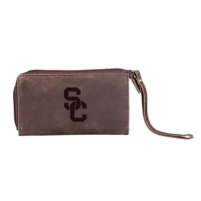 Brown Leather Cell Phone Wristlet Wallet, University of Southern California - 4" x 7"