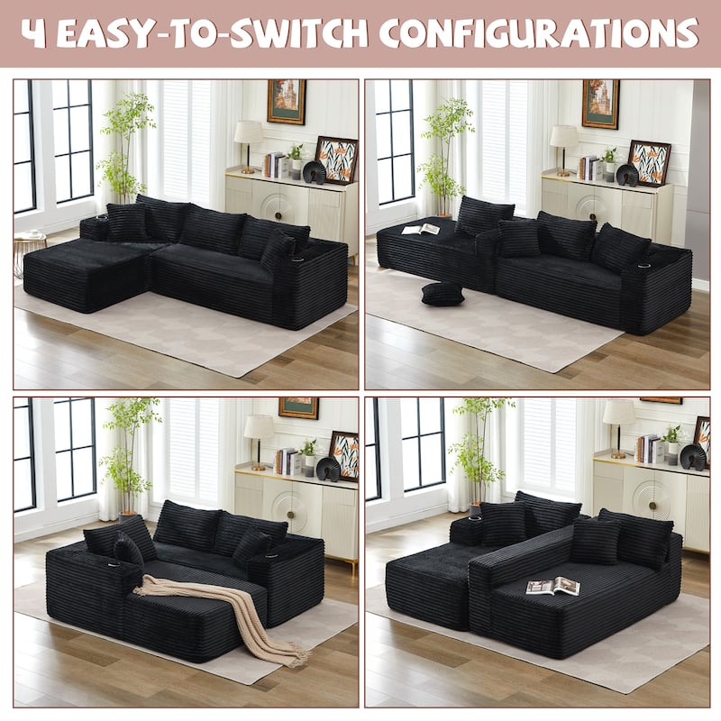 Upholstered L-Shaped Sectional Sofa Couch Chaise with Cupholders, No Assembly Required - Black
