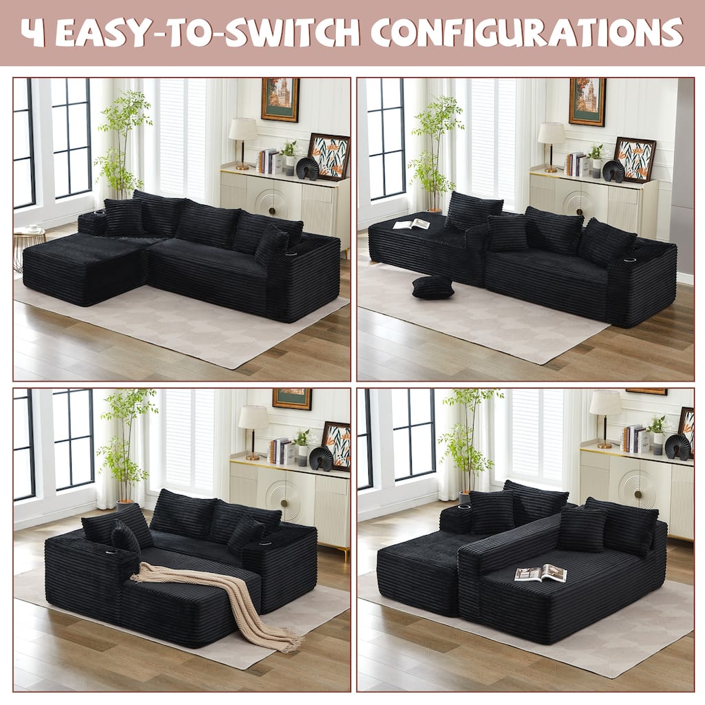 Upholstered L-Shaped Sectional Sofa Couch Chaise with Cupholders, No Assembly Required