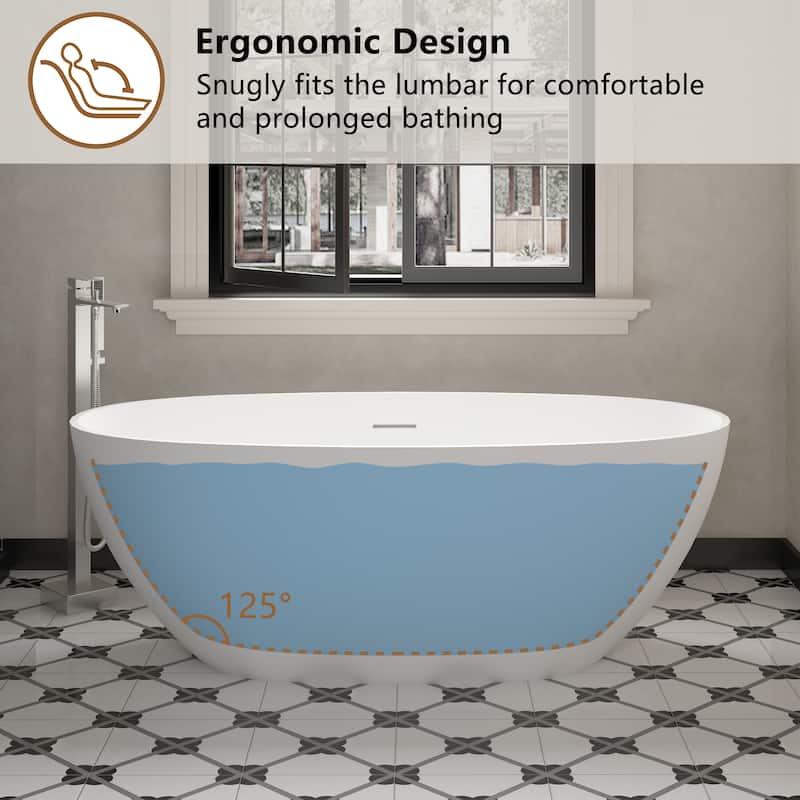 CASAINC Soaking Bathtub Solid Surface Stone Bathtub with Center Drain in Matte White