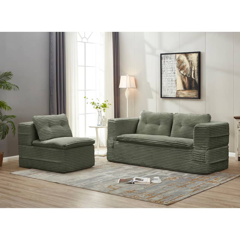 Sleeper Sofa with Chaise Lounge, Convertible Sectional Couch Bed, Corduroy 3-Seat Sofa, Folding Boneless Couch