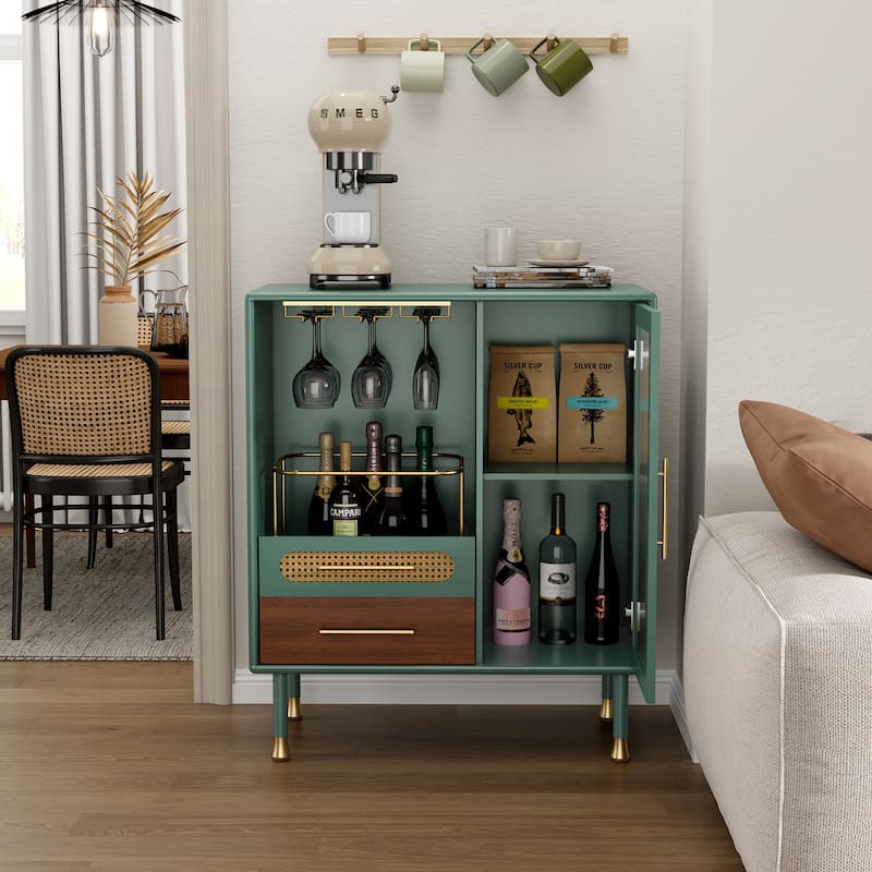 Modern Coffee Bar Cabinet with Wine Glass Rack and Storage Drawer