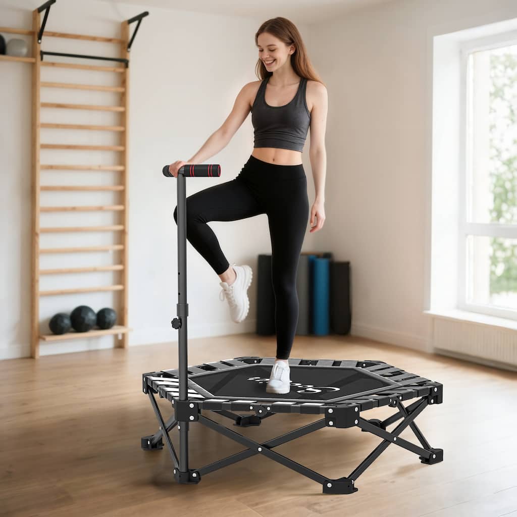 Soozier 40" Fitness Rebounder Foldable Trampoline for Adults, with Adjustable Foam Handle for Indoor Outdoor Workout, Black