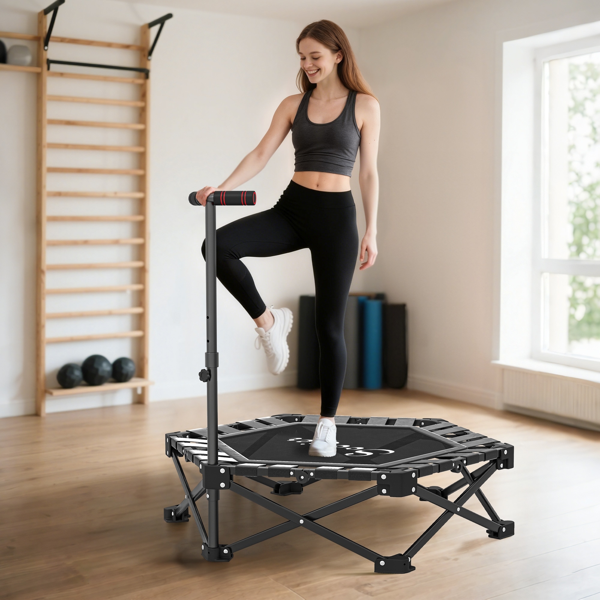Soozier 40" Fitness Rebounder Foldable Trampoline for Adults, with Adjustable Foam Handle for Indoor Outdoor Workout, Black