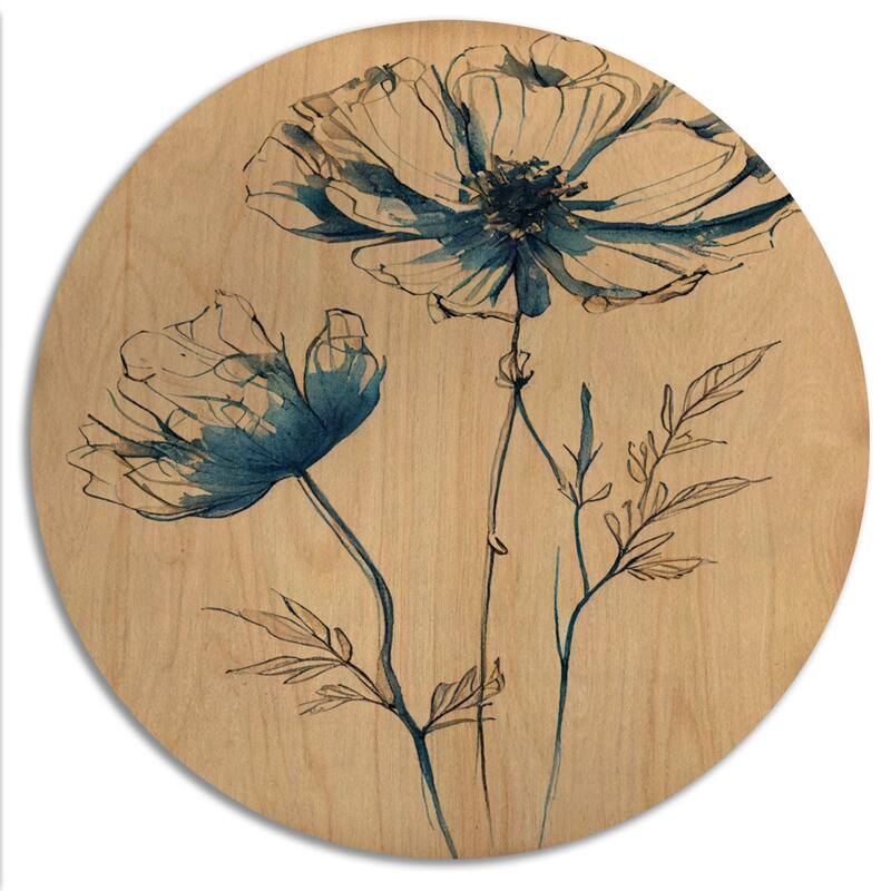 Designart "Indigo Flower Blossoming IV" Floral Wood Wall Art - Natural Pine Wood