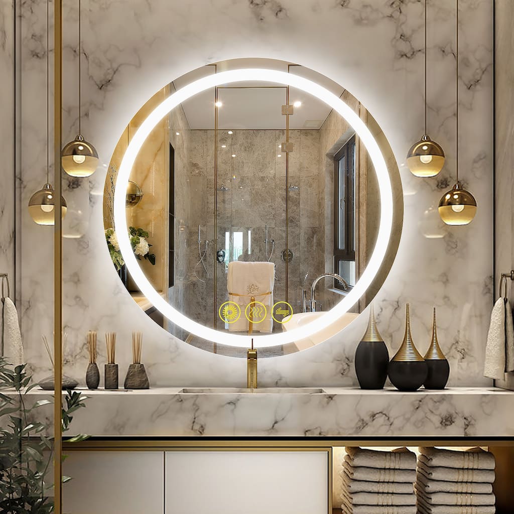 SmartShine Contemporary LED Dimmable 36" Round Anti-Fog Backlit Bathroom Vanity Mirror - Clear