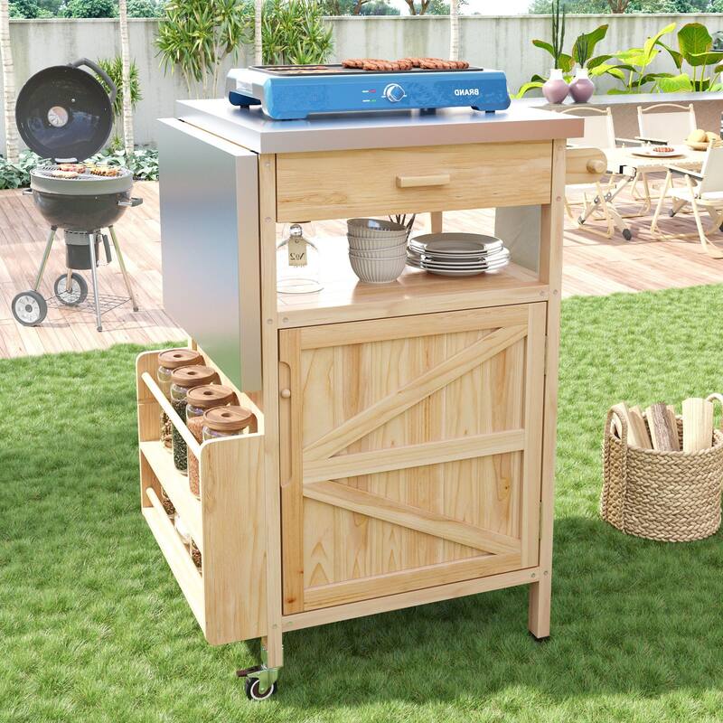 Multi-Functional BBQ Prep Table with Solid Wood Frame, Adjustable Shelves, and Towel Rack for Outdoor Use