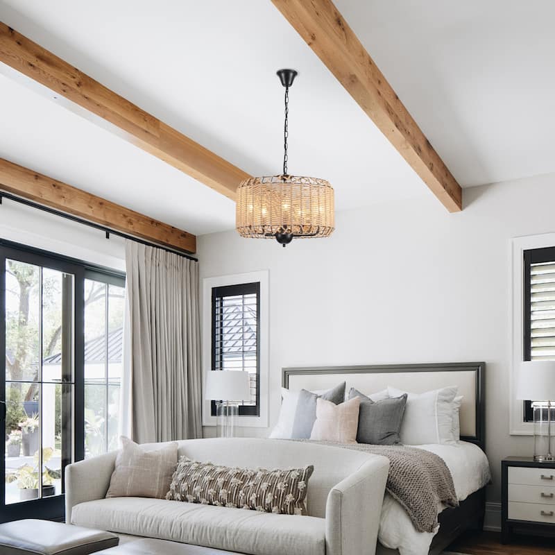 3-Light Classic Hanging Linear Chandelier Light Ceiling Light with Hemp Rope Shade for Kitchen Island