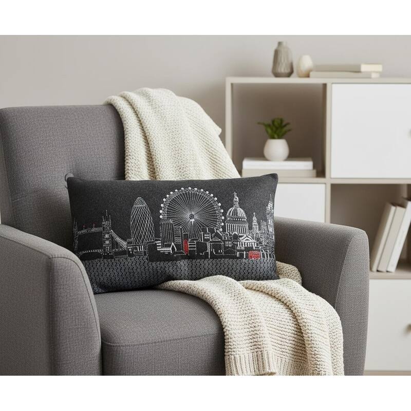 HomeRoots 14" X 24" Dark Gray And White London Nighttime Skyline Lumbar Decorative Pillow