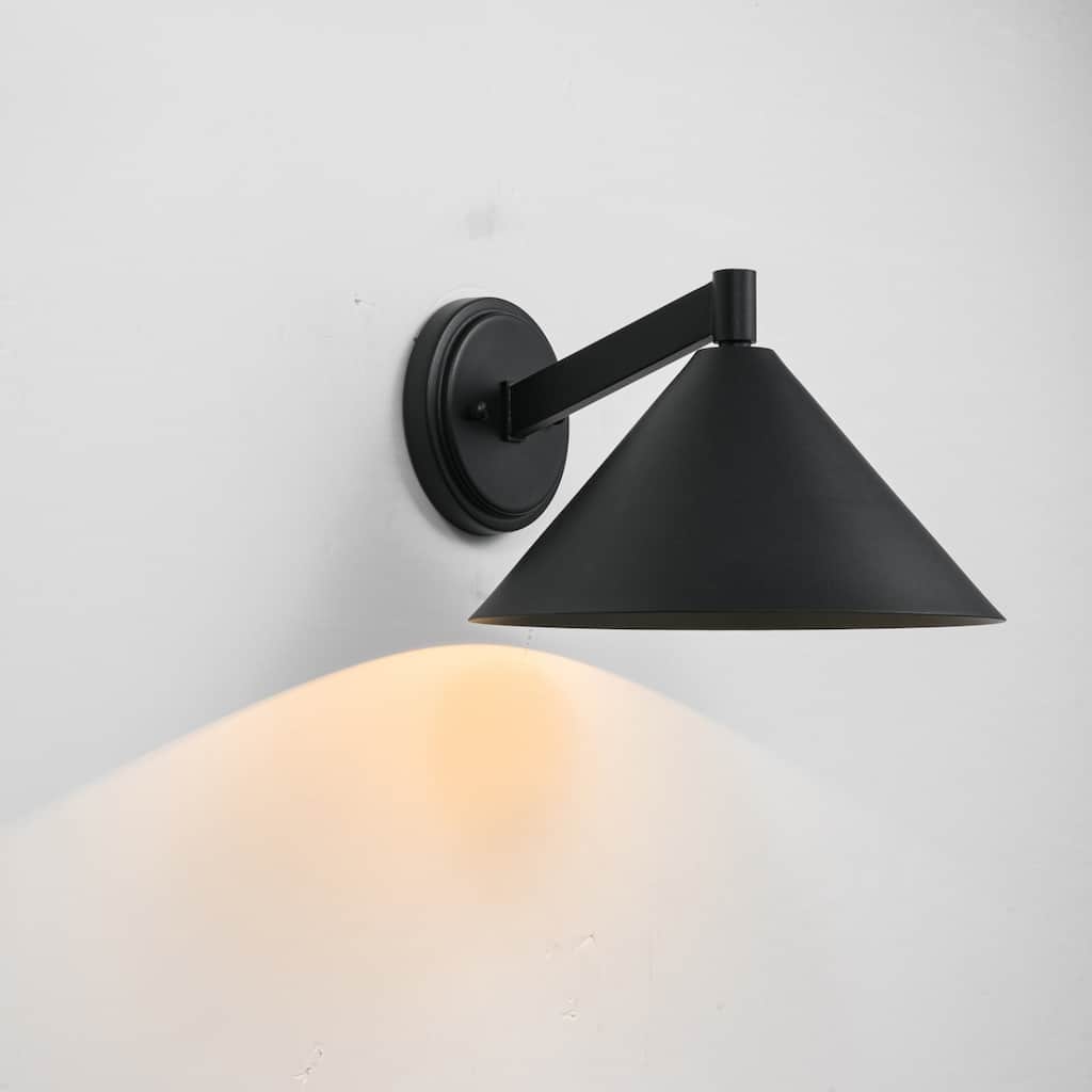 1-Light Modern Industrial Black Outdoor Wall Sconce with Cone Metal Shade - 10.6 in. W x 7.0 in. H x 11.6 in. D
