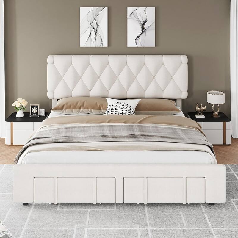 Upholstered Platform Bed Frame with Storage Drawers, No Box Spring Needed, Beige - Queen