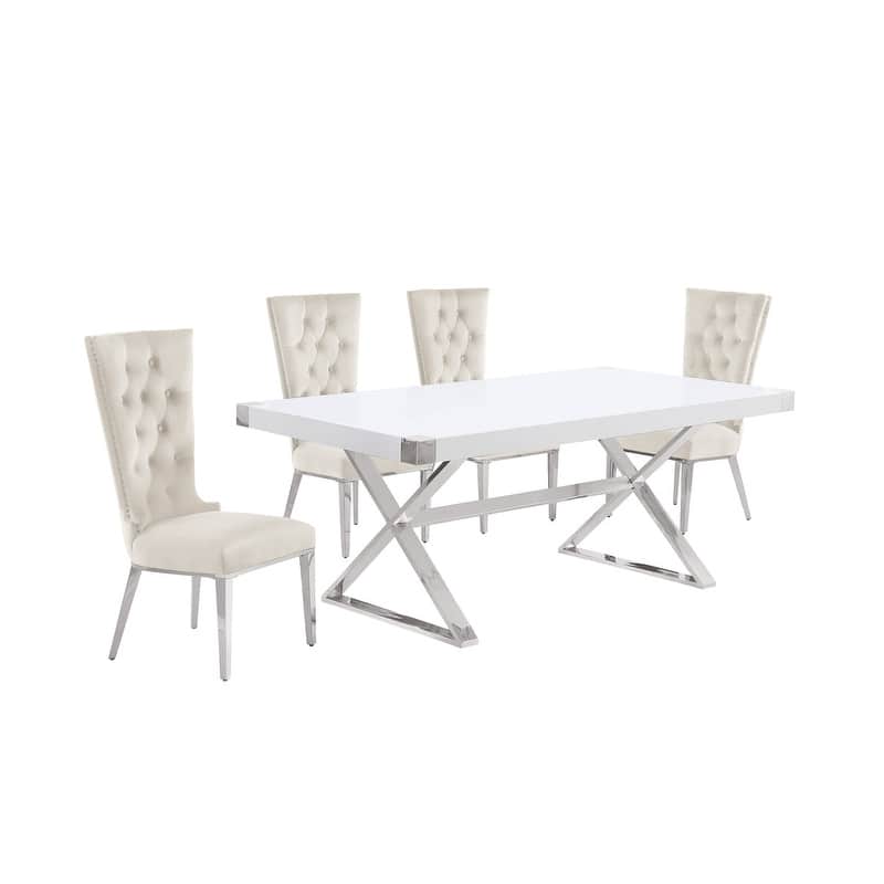 Best Quality Furniture D440/1-SC330-7 Dining Set with 78" White Lacquer Wood Top