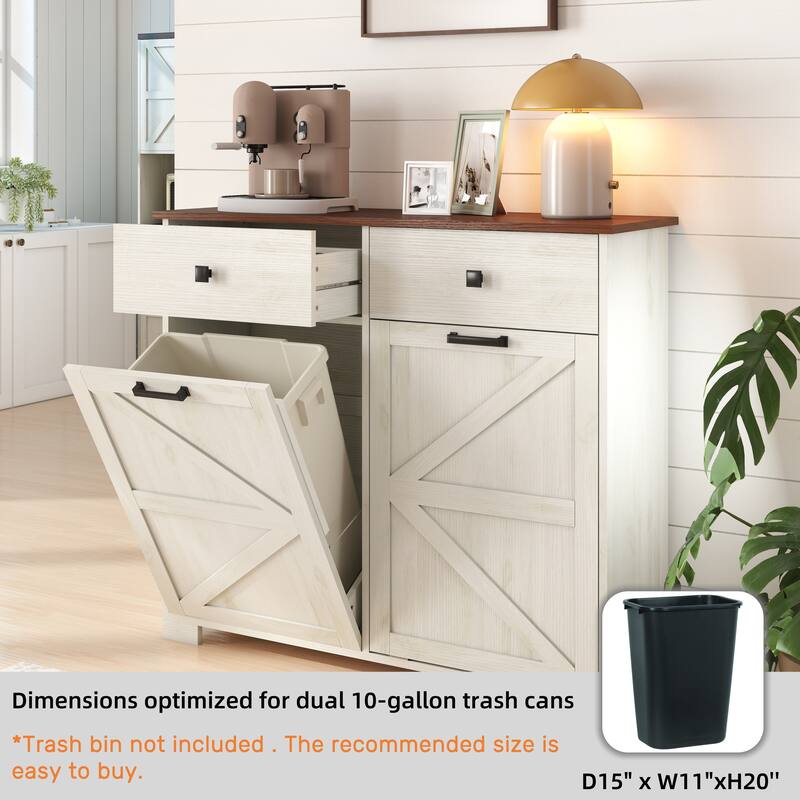 Tilt Out Trash Cabinet, Freestanding Wooden Trash Recycling Cabinet, Hidden Dual Laundry Cabinets with 2 Drawers & 2 Baskets