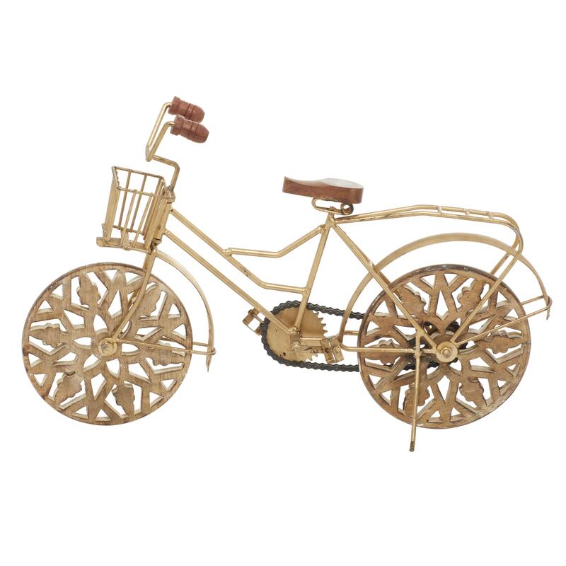 Metal Bike Decorative Sculpture with Carved Wood Wheels - White, Brown, Gold - Roche River Decor