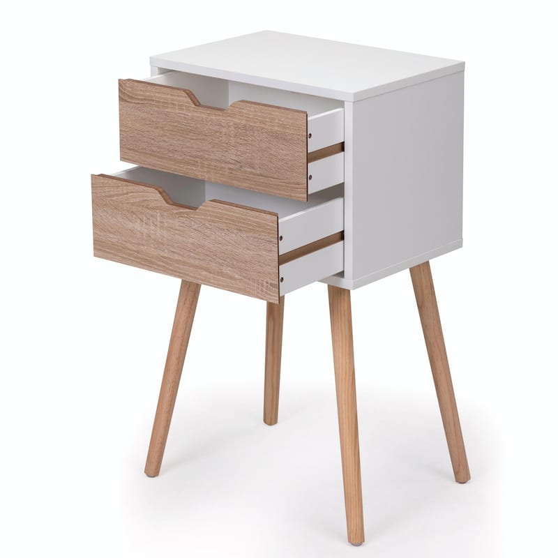 Nightstand with 2 Drawers, Solid Wood Legs, Bedside Table