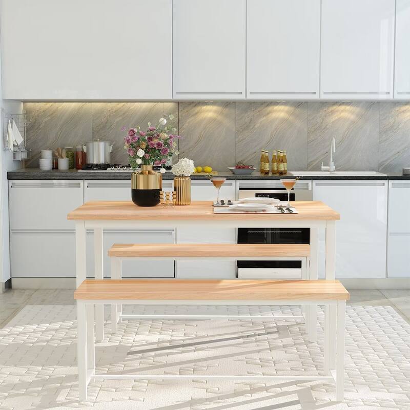 Eureka Industrial 3-piece Dining Set, Modern Kitchen Dining Table with Two Benches for Home, Kitchen, Dining Room, Bar