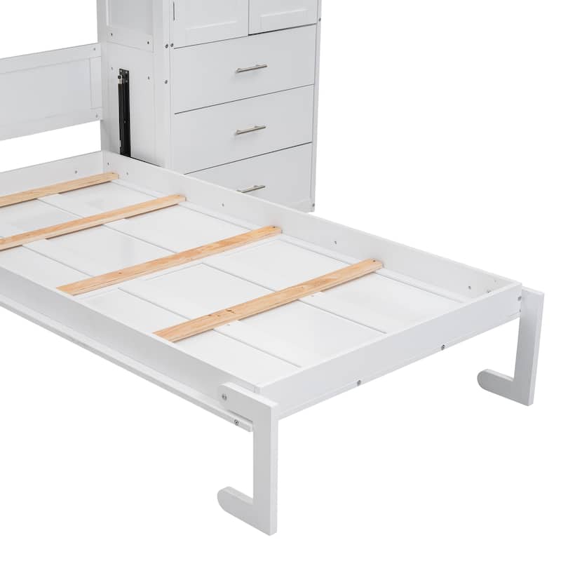 Space-Saving Twin Murphy Bed with Lockers and Wardrobes, White