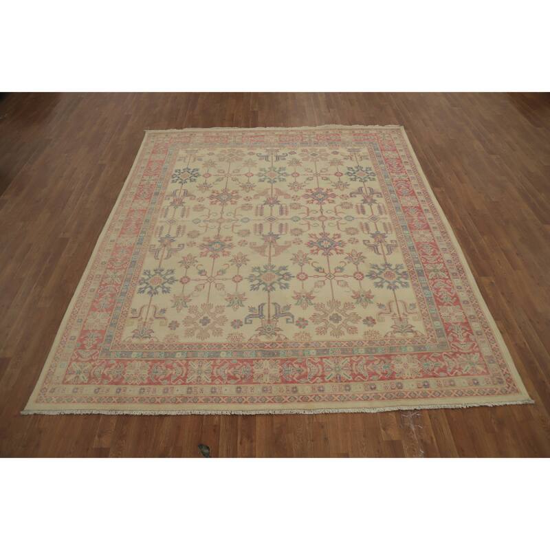 Hand Knotted Oriental 100% Wool Carpet Traditional Geometric Beige & Ivories Kazak Area Rug - 9' 6'' X 8' 3''