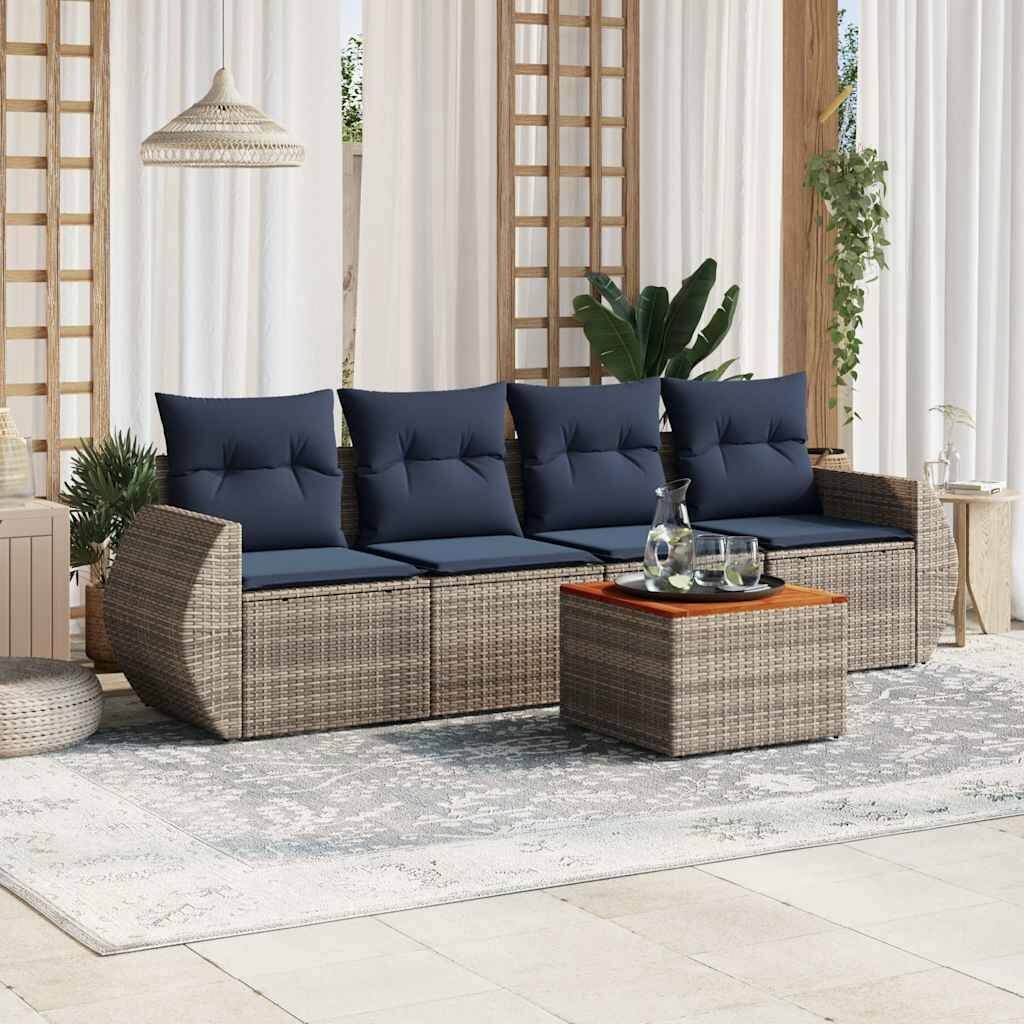 vidaXL 5 Piece Patio Sofa Set with Cushions Gray Poly Rattan - 98.4x33.5x24.4