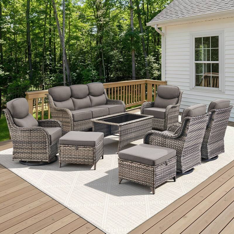 Arcadia 8-Piece Wicker Patio Conversation Set with Swivel Gliders and 6-Inch Thick Olefin Cushions