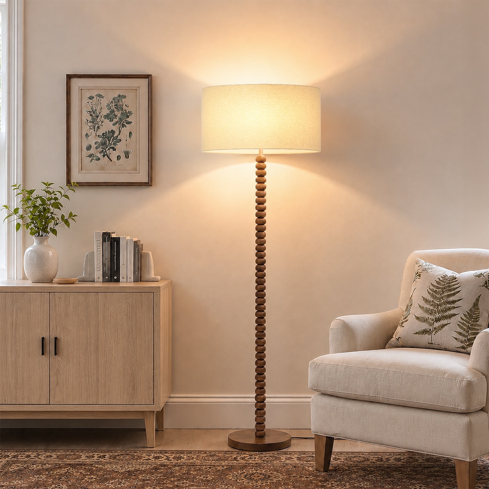 62" Solid Wood Floor Lamp with Stacked Wood Bead Pole, Linen Drum Shade and Foot Switch, Walnut Finish
