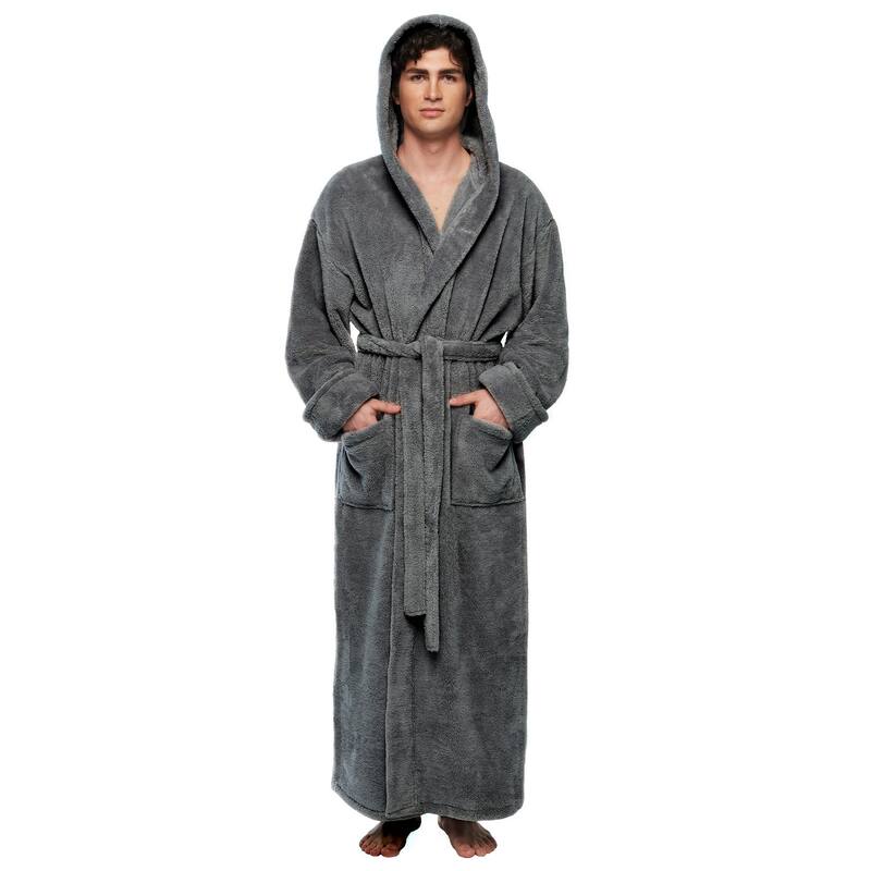 Men's Hooded Soft Plush Fleece Bathrobe Full Length Robe - S-M Ankle Length - Dark Gray