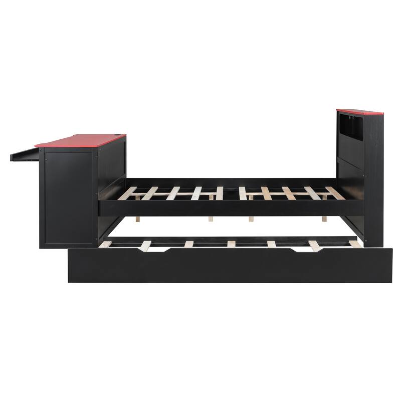 Wood Daybed with Trundle & Built-in Desk, LED Lights & USB Charging Port, Available in Full or Twin