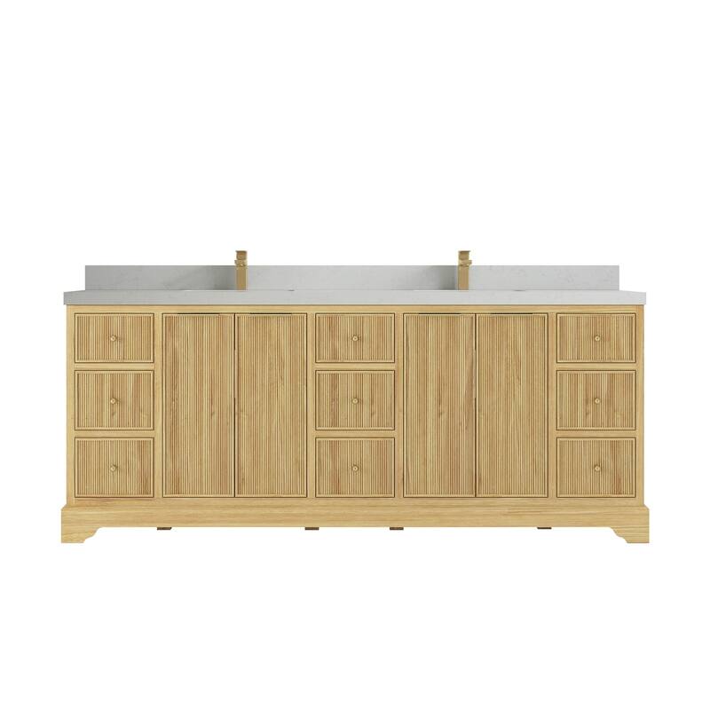 Willow Collections 84 in. W x 22 in. D Austin Solid Teak Wood Double Sink Bathroom Vanity with Countertop - 2"Carrara Quartz - Light Natural