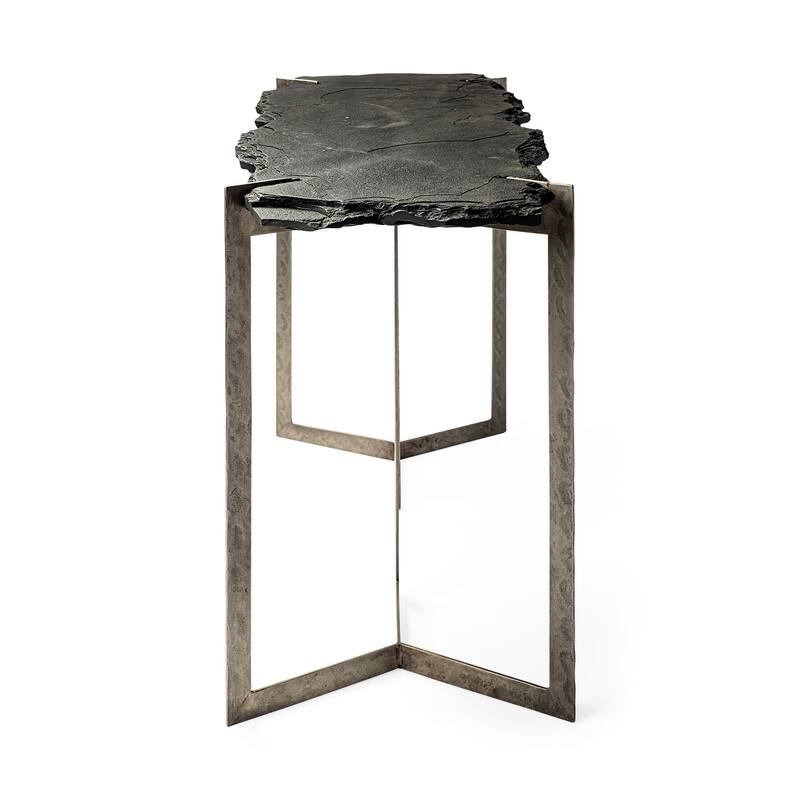 HomeRoots Rectangular Black Live Edge Slate Console Table With Double Pedestal Base - 19.5