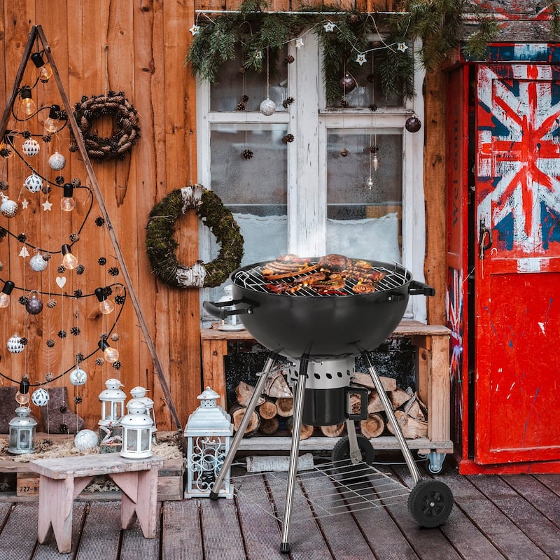 22" Kettle Enamel Charcoal Patio Grill with Built-in Thermometer
