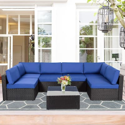 Kinbor Outdoor Patio 7 Pieces Furniture Sectional Sofa Sets, Rattan Wicker Sofa Conversation Set W/ Cushions & Coffee Table