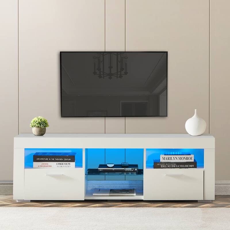 Contemporary LED TV Console with Remote-Controlled Lights and Storage Drawers - 51. - White