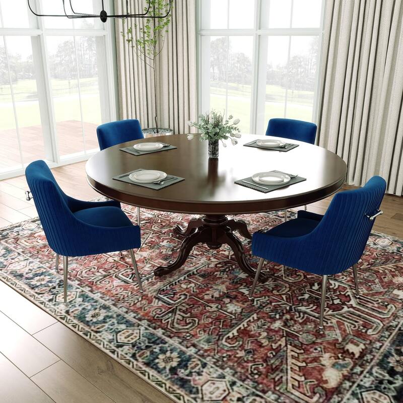 SEYNAR Modern Velvet Pleated Finish Back Dining Chair Set of 4 with Rear Handle - Navy