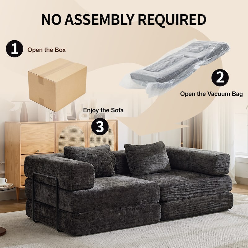 Chenille Loveseat Couch Boneless Modular Sectional Sofa Convertible Floor Sleeper Bed with Fixed-shape Frame for Living Room