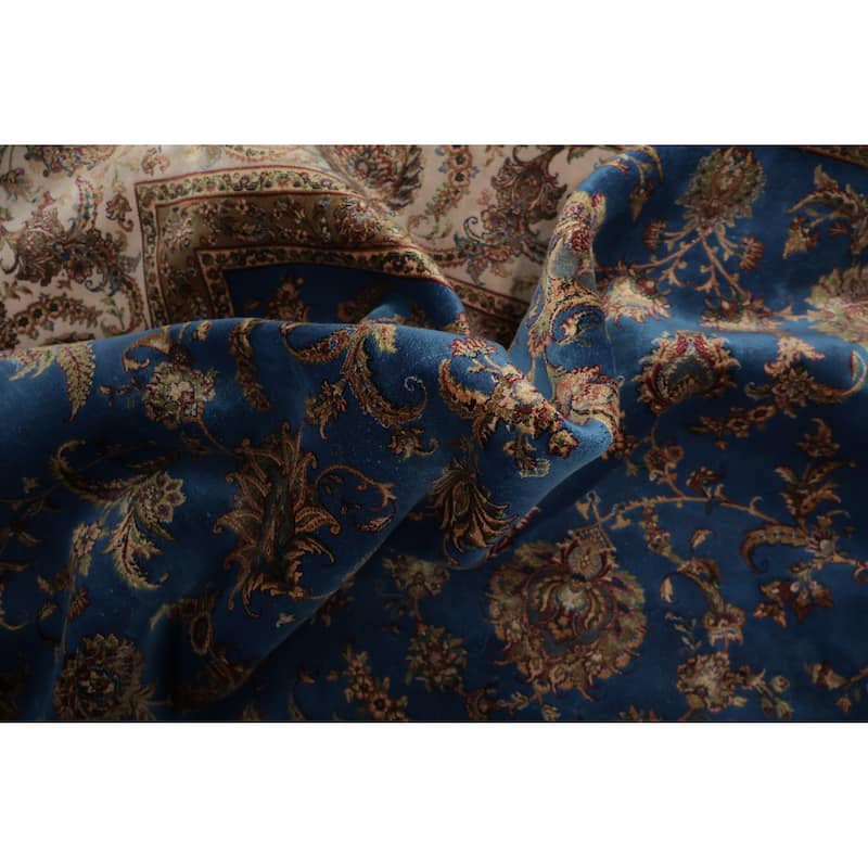 Machine Made Oriental 90% Silk - 10% Polyester Carpet Traditional Floral Navy Blue & Blues Qum Area Rug - 9' 10'' X 6' 7''