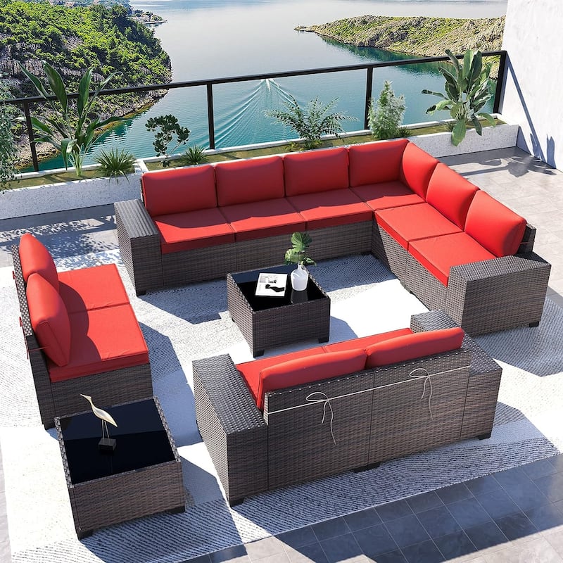 Kullavik 12 Pieces Outdoor Patio Furniture Set Sectional Rattan Sofa Set with Tempered Glass Table - Red