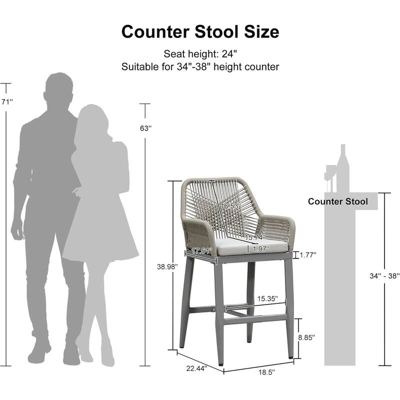 PURPLE LEAF Outdoor Bar Stools Chair Set of 2, All Weather Rattan and Aluminum Patio Bar Stool with Cushion