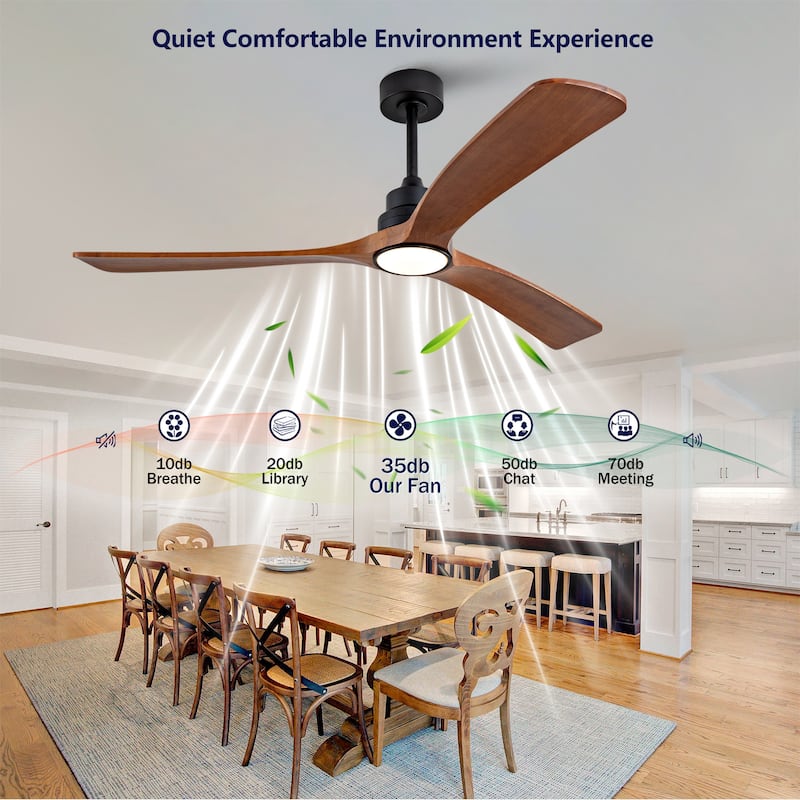 60 Inch Wood Ceiling Fan With 3 Solid Wood Blades Remote Control Reversible DC Motor For Living Room - Black