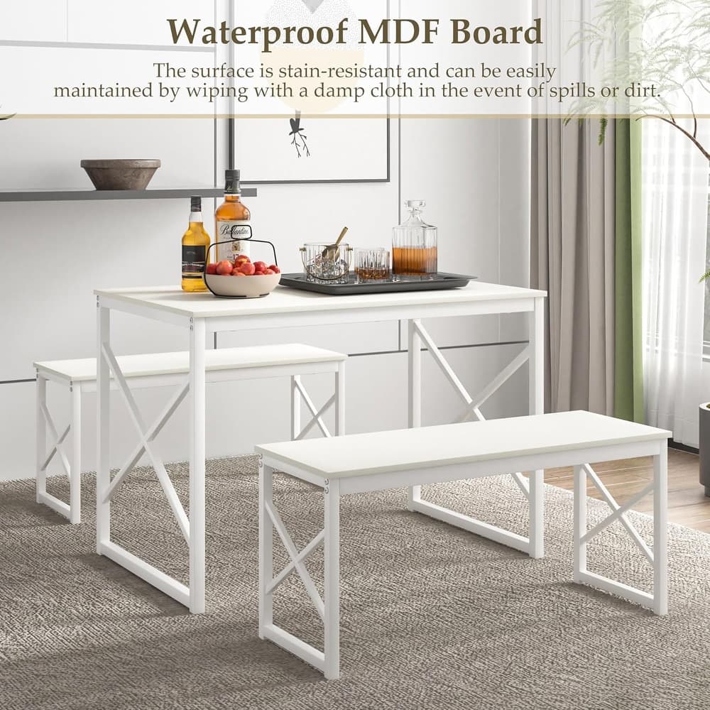 VECELO 3-pieces Dining Table with Bench, Dinning Room Table Set for 4-6, Kitchen Table with 2 Benches Dining Table Set