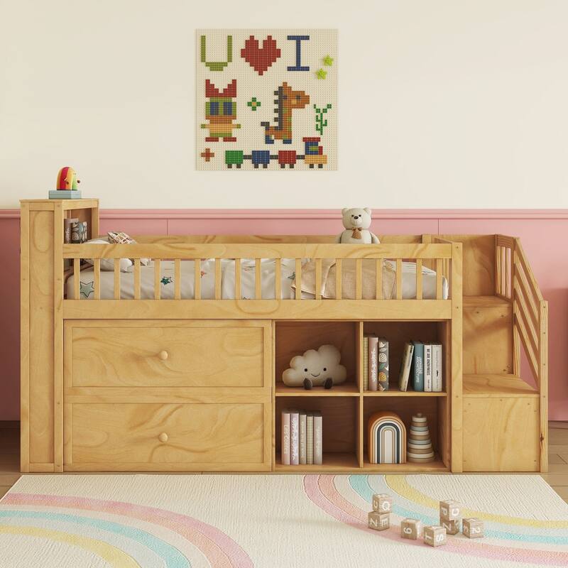 Twin Size Low Loft Bed with LED, Stairs, Storage Drawers, and Shelves, Natural