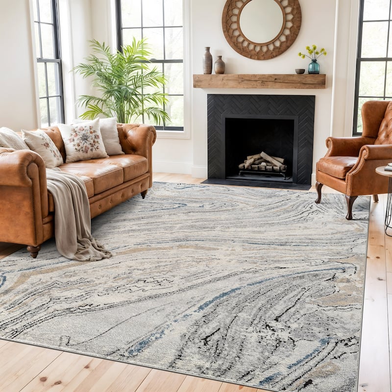 Marble Swirl Distressed Area Rug - Low-Pile Rug for Living Room, Bedroom - Polypropylene/Polyester with Jute Backing - 7' 10" x 10'