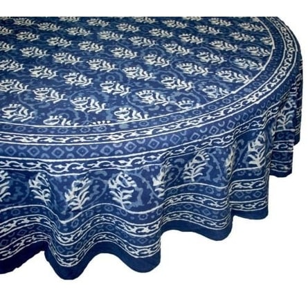 Cotton Dabu Block Print Floral Tablecloth Rectangular Square Round Indigo Blue