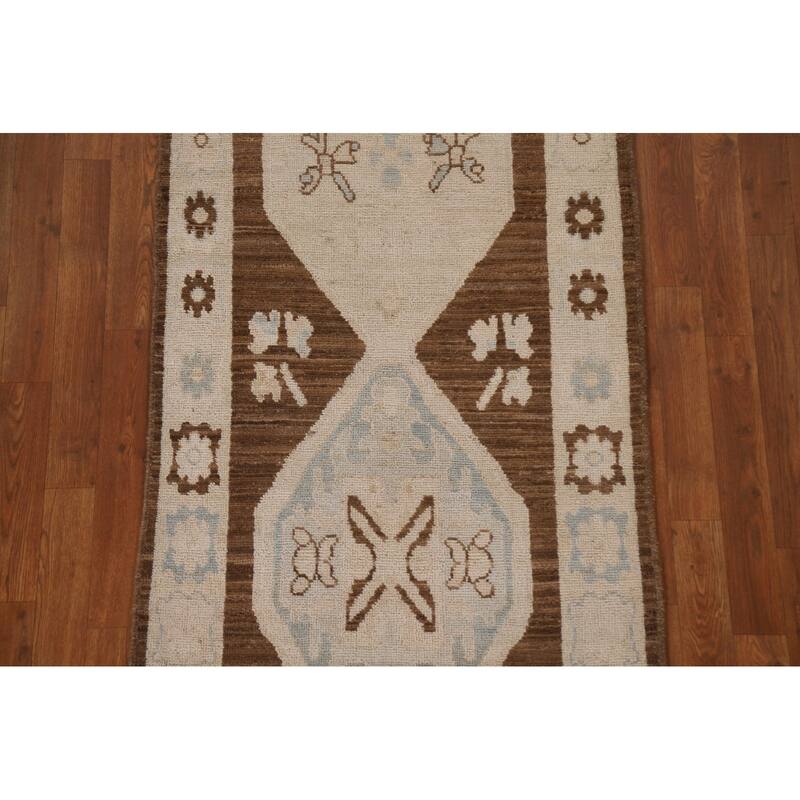 Geometric Oushak Turkish Runner Rug Handmade Wool Carpet - 2'10"x 9'1"